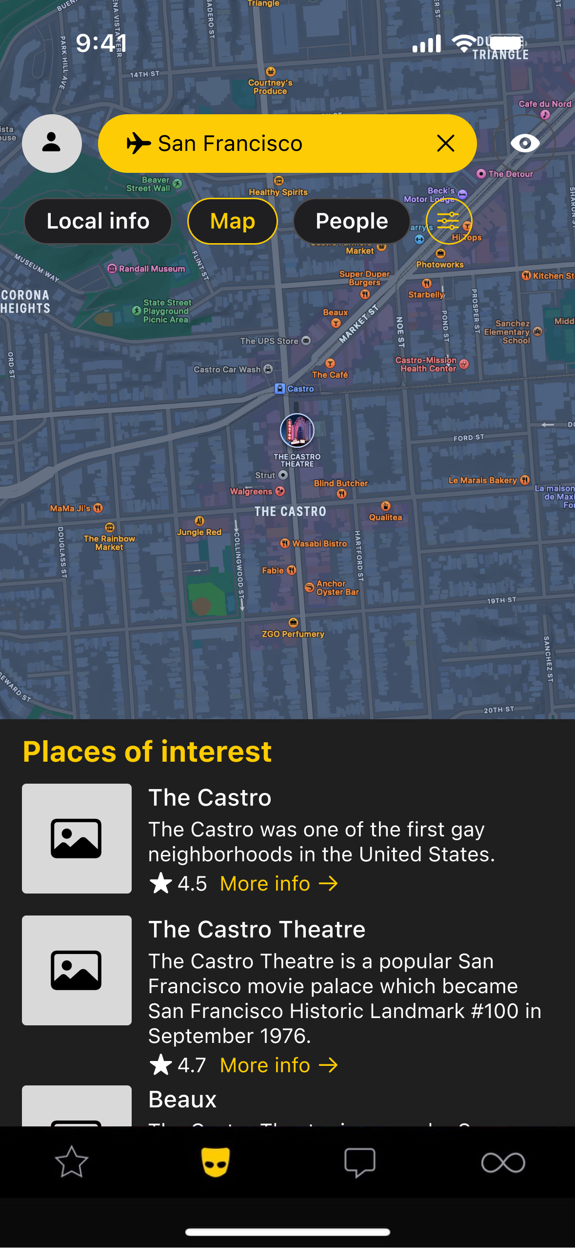 The map page shows a map of LGBTQ+ places users can explore.