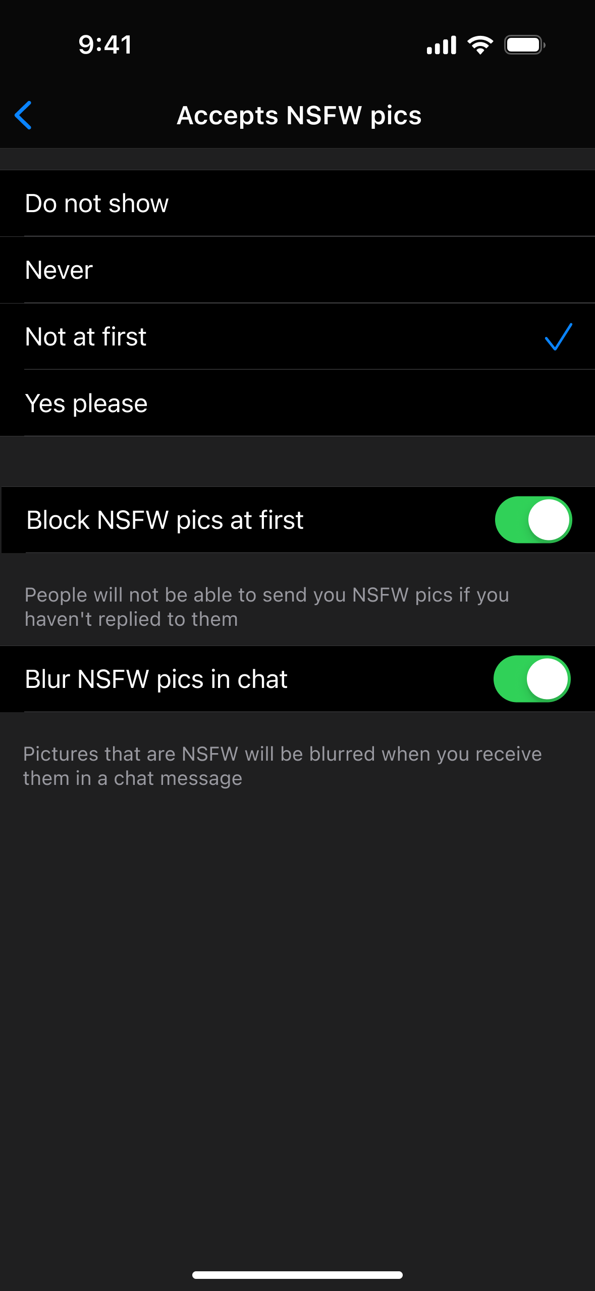 New options for blocking or blurring NSFW pictures are given alongside the existing profile options.