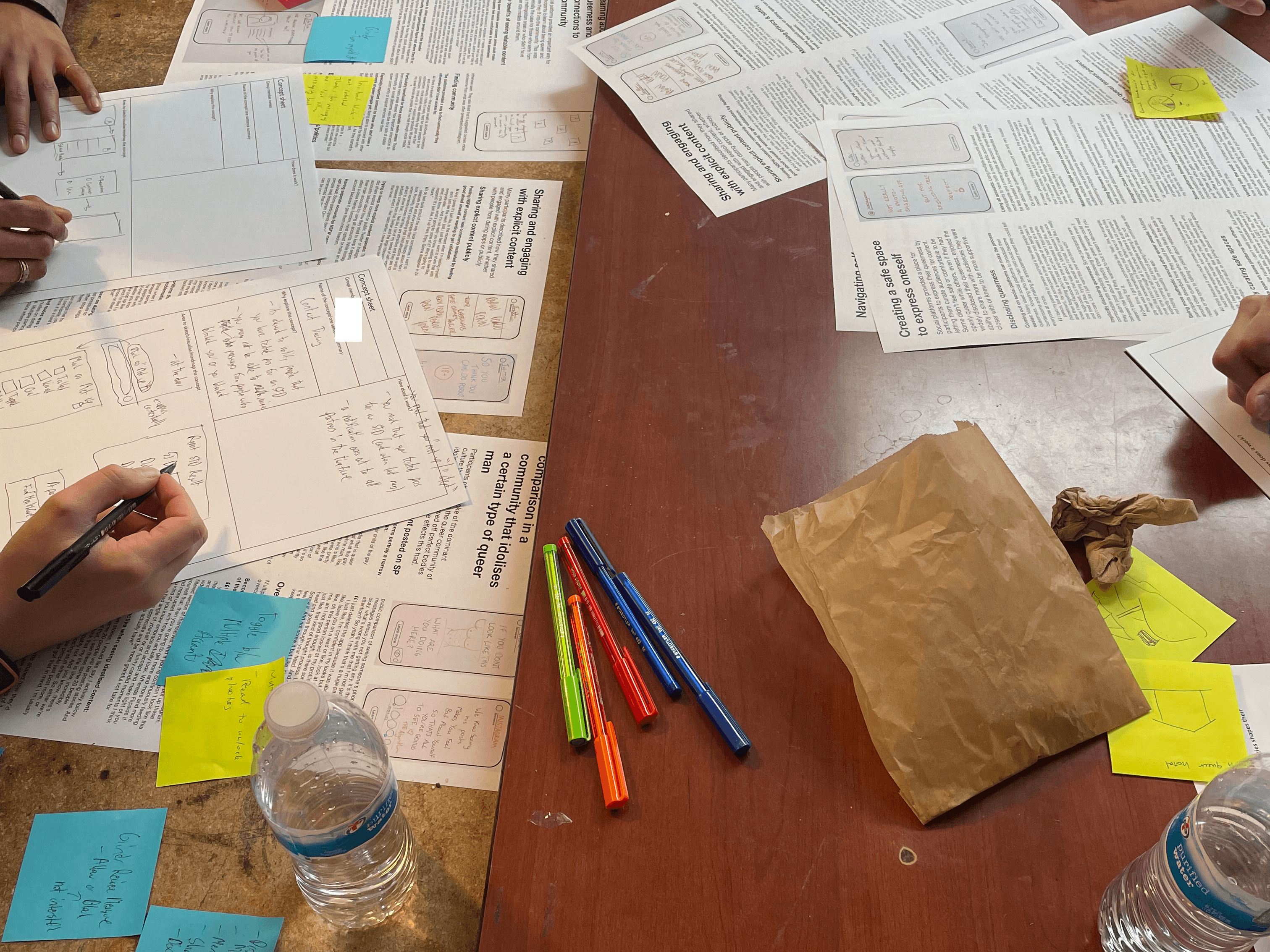 Looking down at a table that has worksheets and findings posters on it. The hands of participants writing are visible.