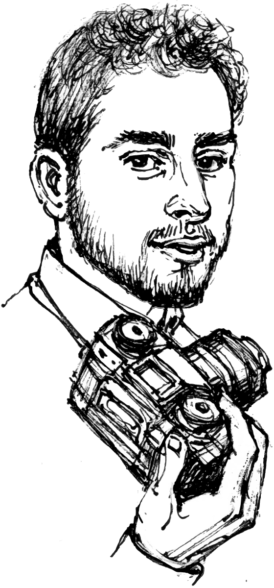 A sketch of Tomm holding his camera